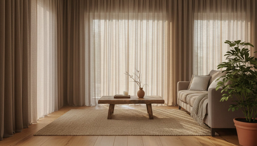 earthy living room decor 2026 mushroom tone linen curtains