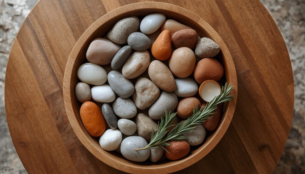 earthy living room decor 2026 pebble tray vignette styling