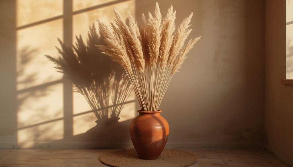 earthy living room decor 2026 dried pampas grass terracotta pot