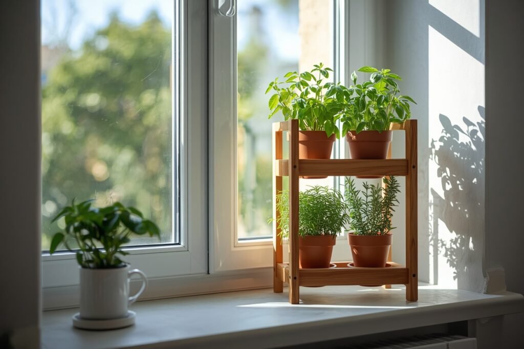 kitchen window herb garden furnished apartment 2026 with basil mint and rosemary vertical planter