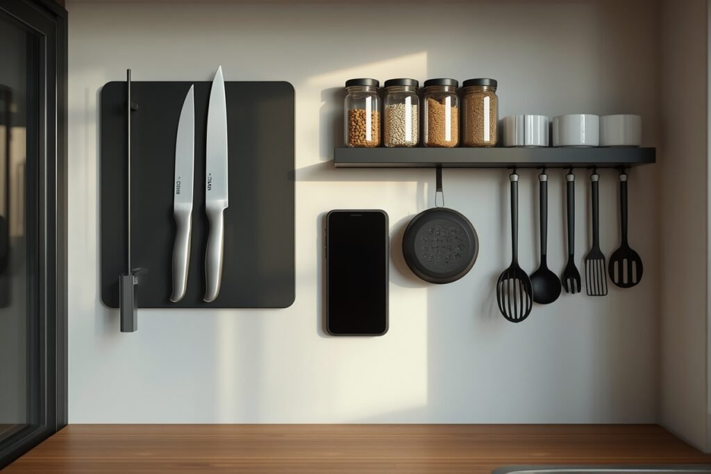 magnetic kitchen wall organizer 2026 in a furnished apartment with spice jars and knives displayed