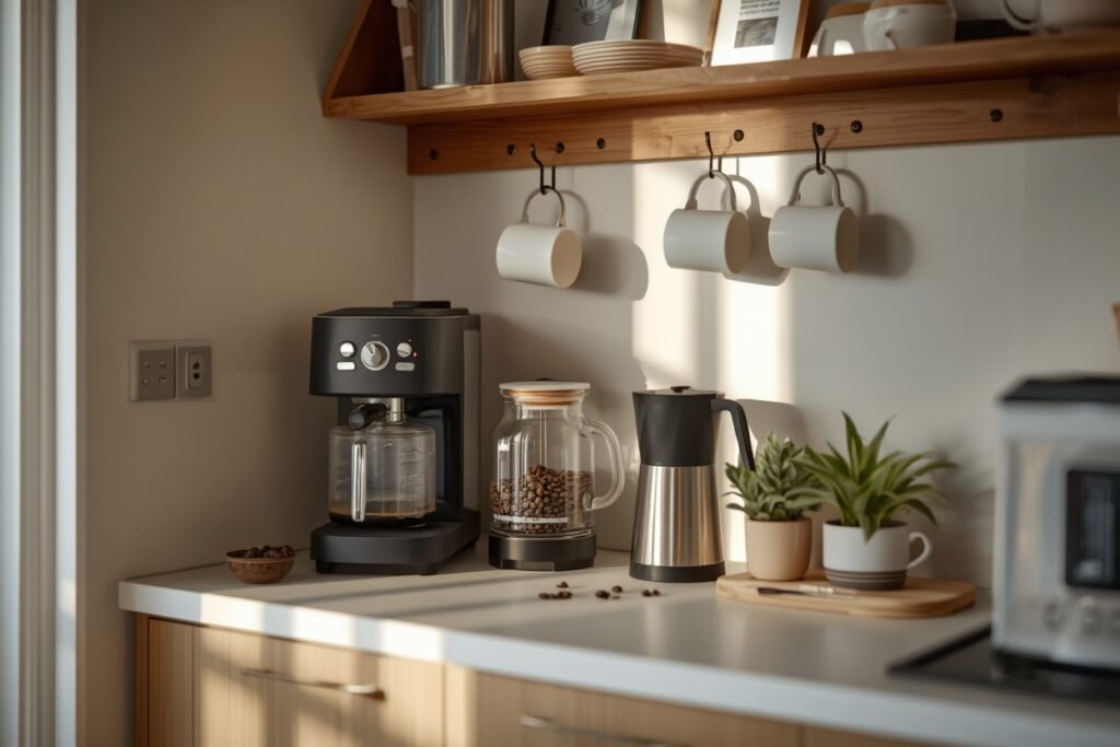 coffee station furnished apartment kitchen 2026 espresso machine compact beverage bar corner setup