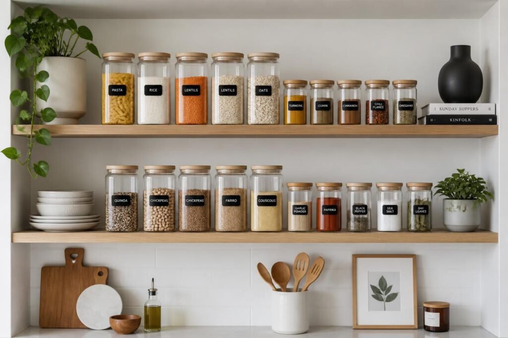 open pantry organization furnished apartment 2026 labeled glass jars minimalist shelf system