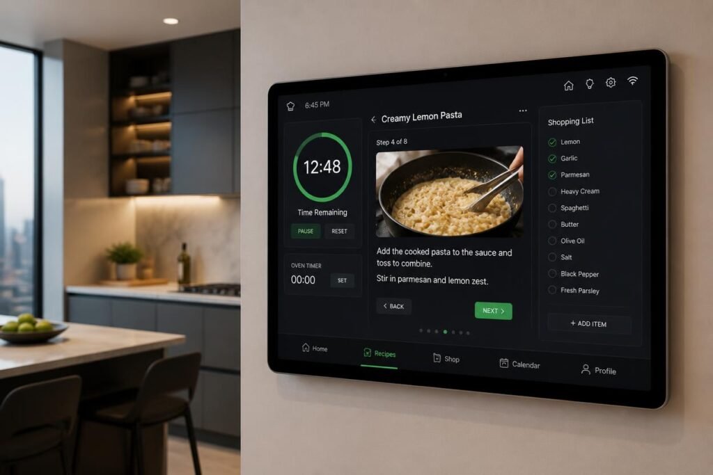smart kitchen display recipe hub 2026 touchscreen mounted in furnished apartment kitchen