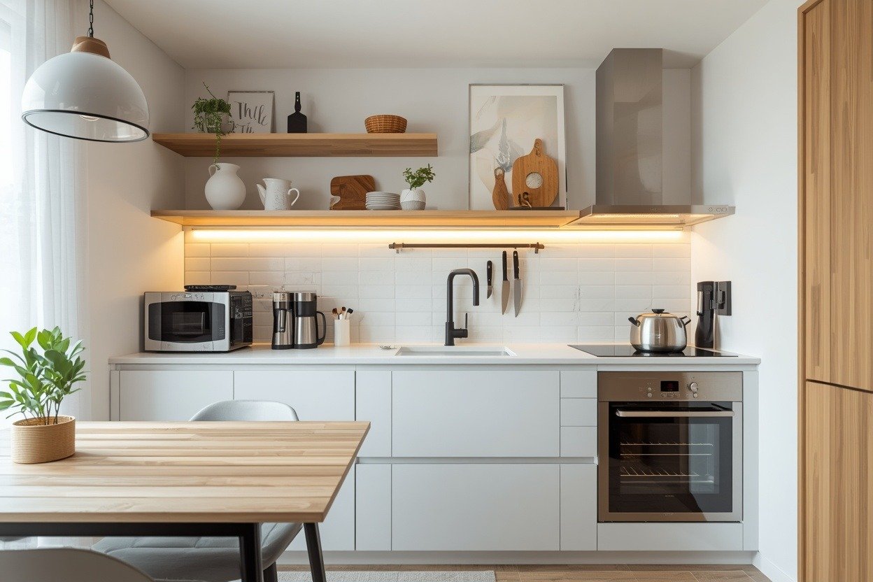 furnished apartment kitchen 2026 modern smart setup with open shelving and compact appliances