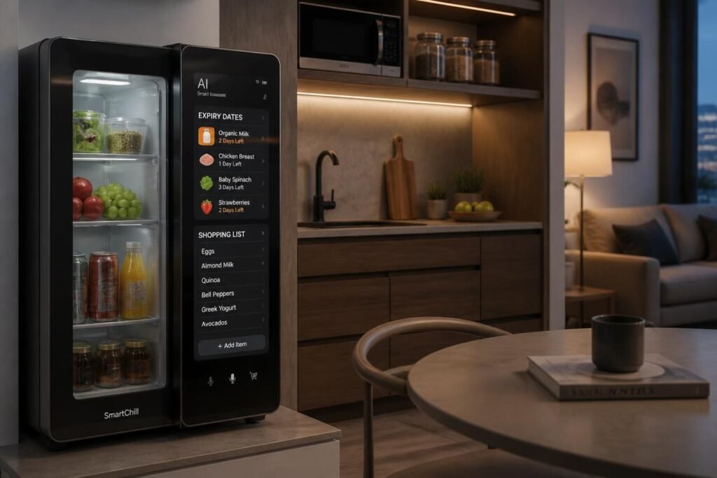 smart mini fridge for furnished apartment 2026 with AI food tracking touchscreen display