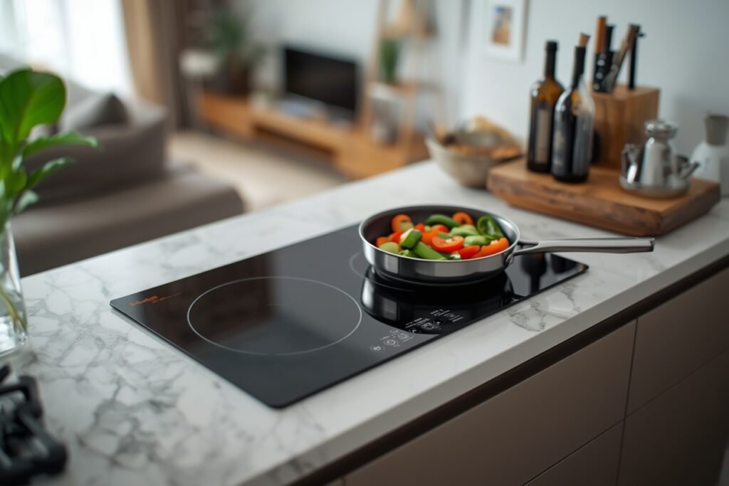 portable induction cooktop rental kitchen 2026 on apartment counter with cooking pan