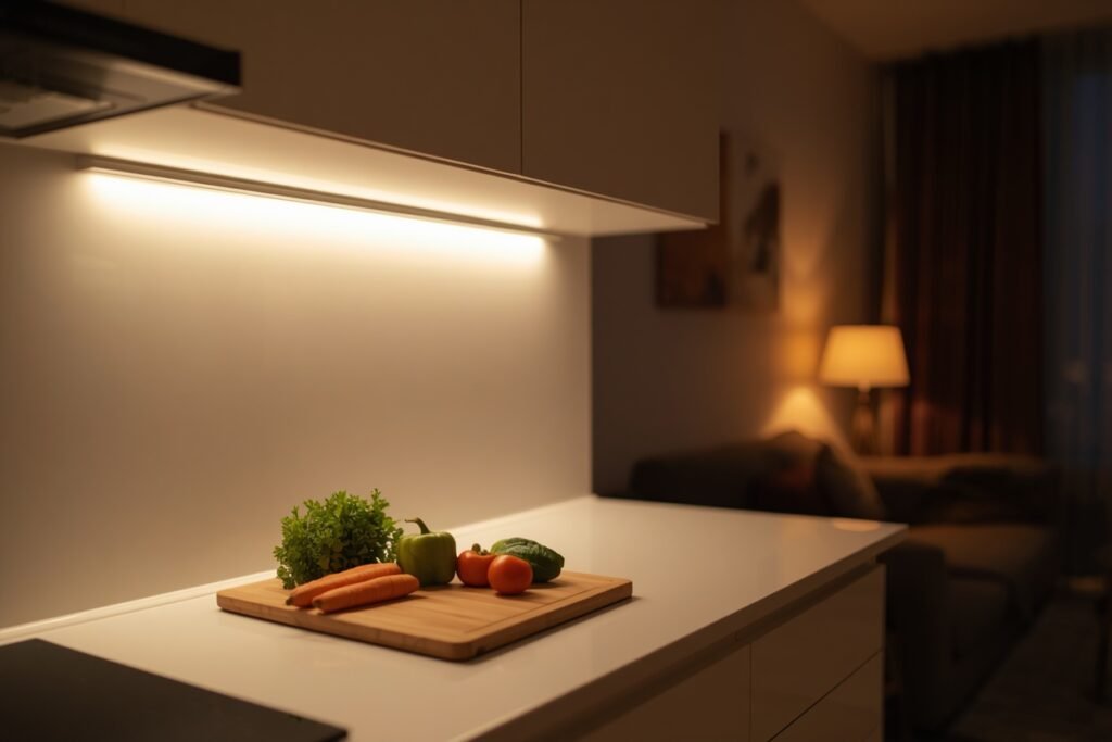 under cabinet LED lights furnished apartment kitchen 2026 warm lighting on counter with vegetables