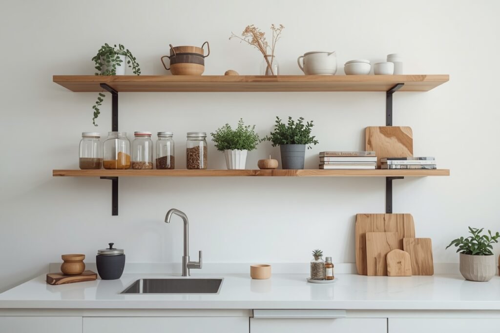 floating shelves rental apartment no drilling 2026 with plants and jars on tension system