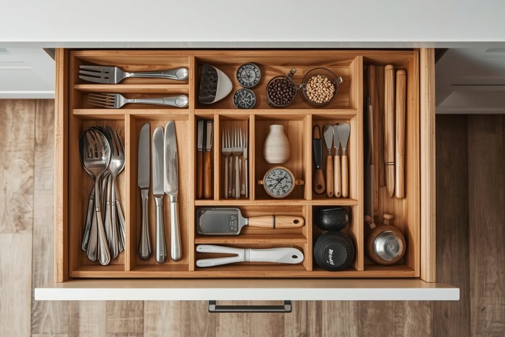 kitchen drawer organizer furnished apartment 2026 bamboo expandable dividers top view