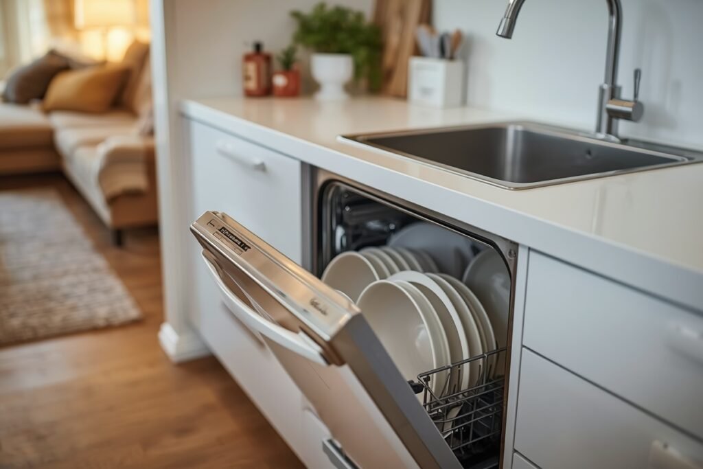 countertop dishwasher furnished apartment 2026 connected to faucet on kitchen counter