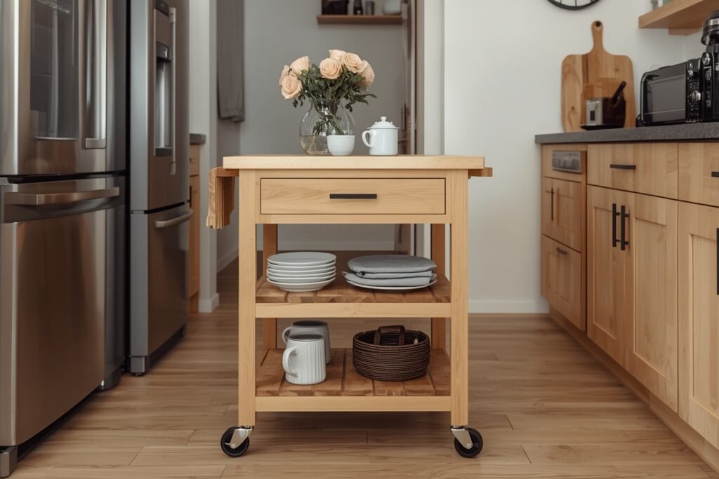 portable kitchen island small apartment 2026 rolling butcher block cart with shelves