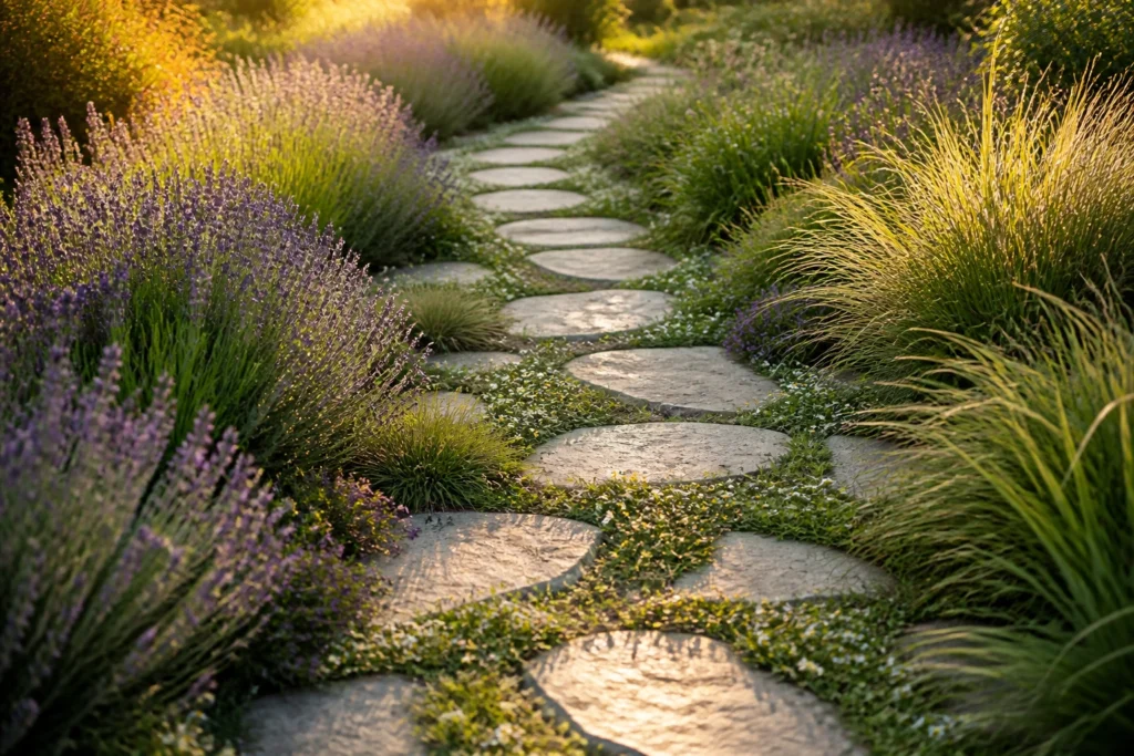 textured stone stepping stone garden path decor idea 2026