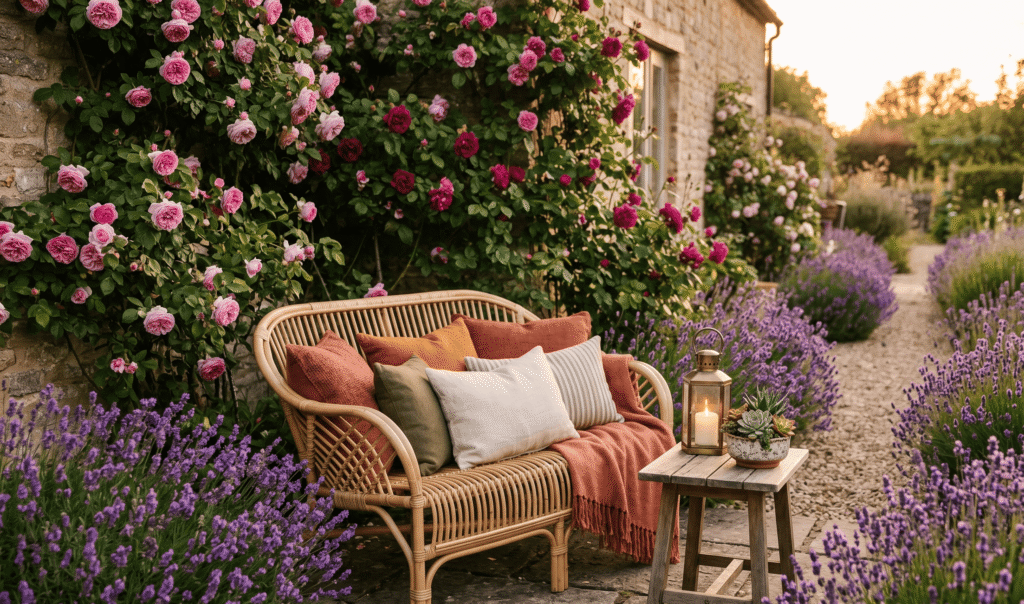 cozy garden corner seating vignette garden decor ideas 2026