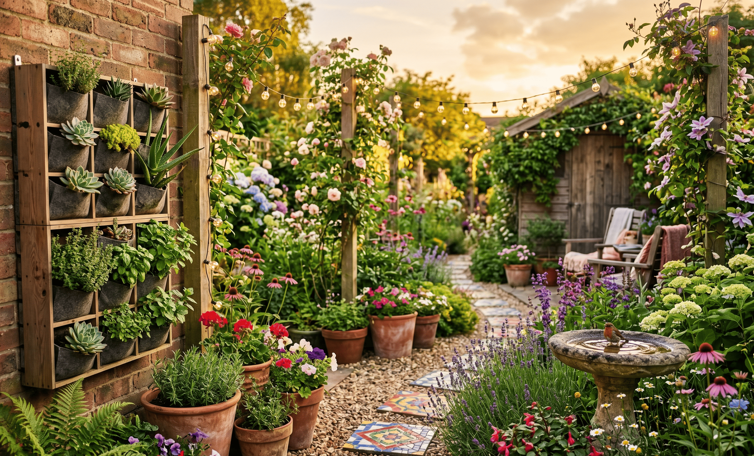 garden decor ideas 2026 — lush backyard with solar lights, vertical planters, and terracotta pots