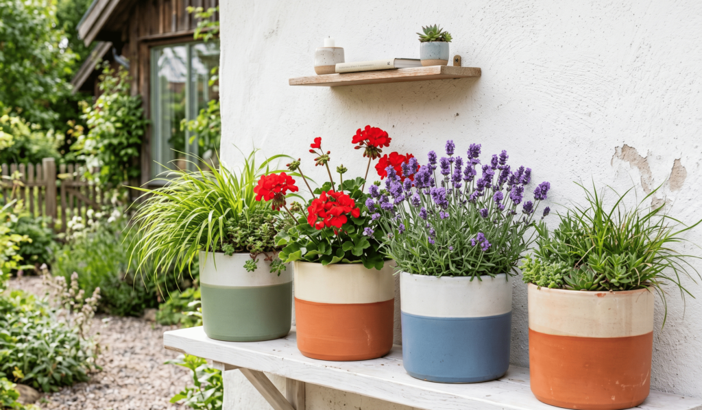 color-blocked ceramic planters garden decor ideas 2026 Scandi style