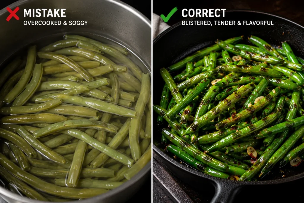 common green bean recipe mistakes — overcooked vs properly cooked green beans