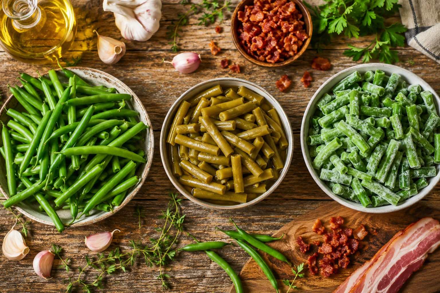 green bean recipes — fresh, canned, frozen varieties on rustic wooden table