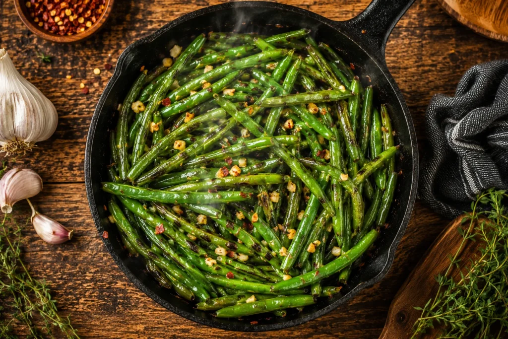 fresh green bean recipes — garlic butter sautéed green beans in cast iron skillet 