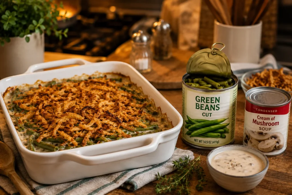 canned green bean recipes — classic green bean casserole with crispy onion topping