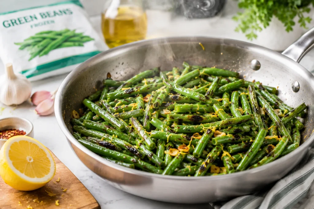 frozen green bean recipes — charred stir-fried frozen green beans in skillet 