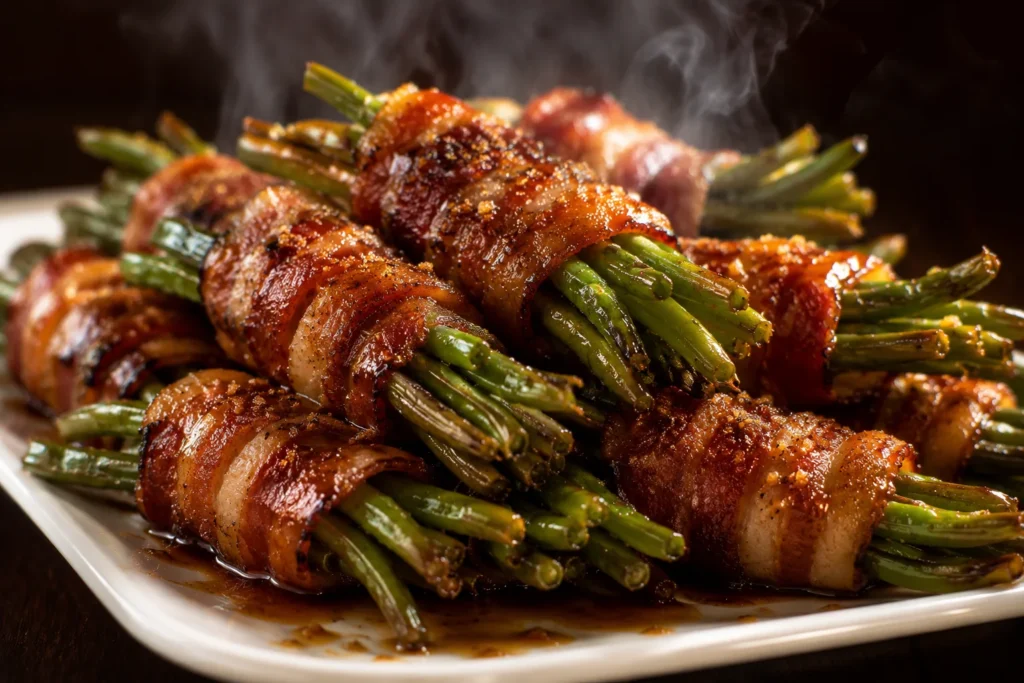 green bean recipes with bacon — bacon-wrapped green bean bundles with brown sugar glaze 