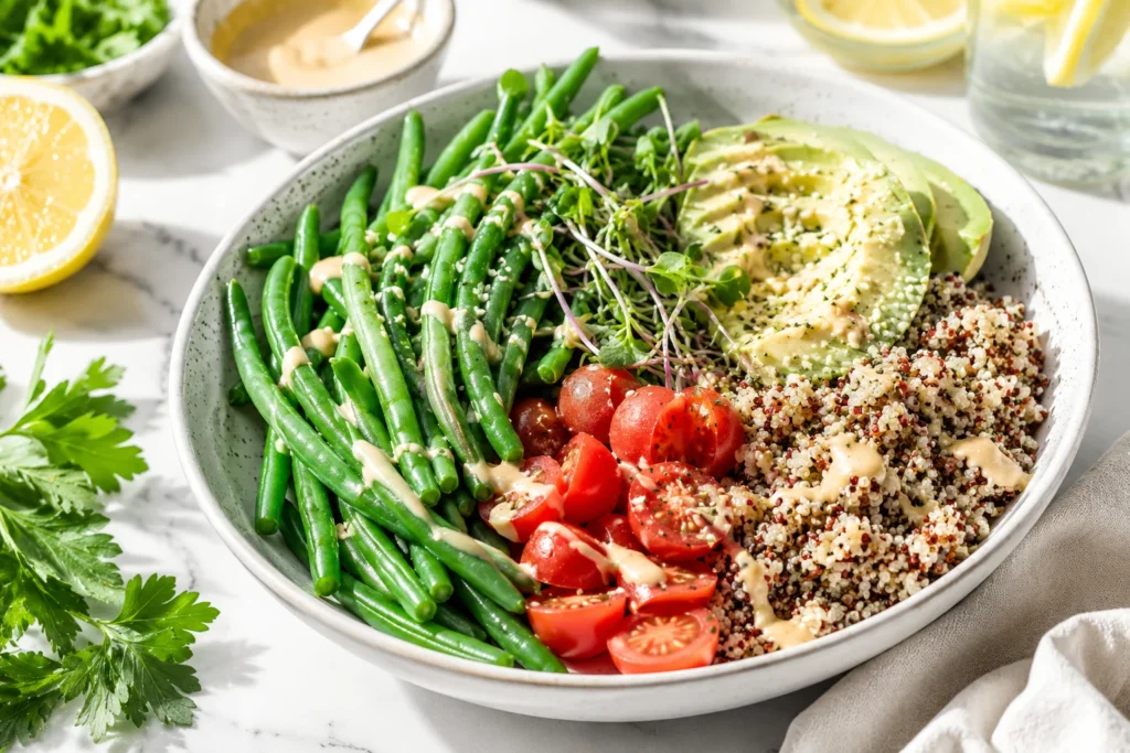 healthy green bean recipes — green bean Buddha bowl with quinoa and tahini dressing