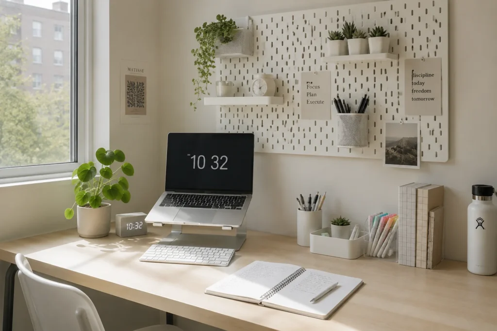 minimal aesthetic student desk setup 2026 with pegboard and laptop stand in dorm room