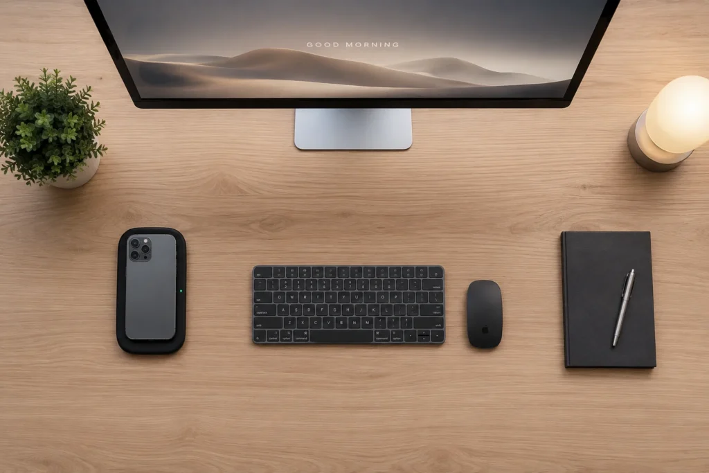 aesthetic desk setup 2026 with invisible cable management and wireless charging