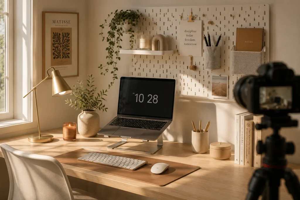 aesthetic desk setup 2026 photography ready with side window light and warm toned accessories