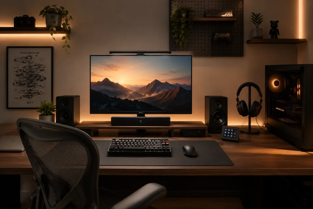 aesthetic professional gaming desk setup 2026 with OLED monitor Keychron keyboard clean desk