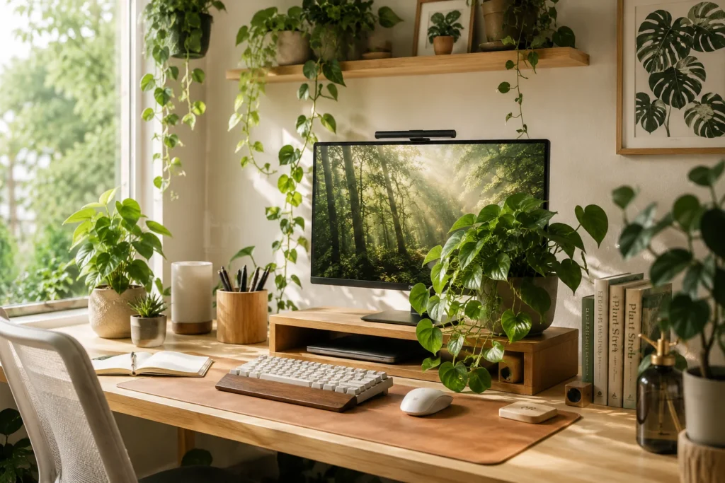 biophilic aesthetic desk setup 2026 with plants wooden accessories and natural materials