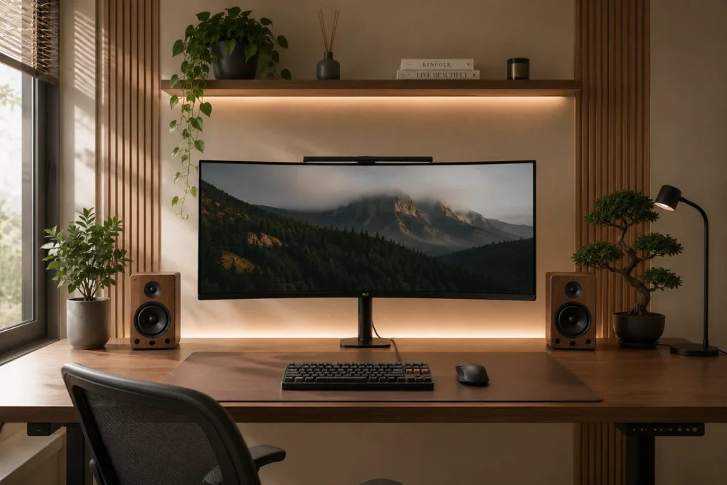 ultrawide monitor aesthetic desk setup 2026 single curved monitor clean wooden desk