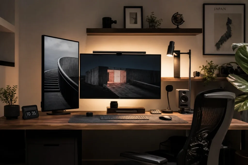 vertical monitor aesthetic desk setup 2026 portrait orientation asymmetric dual display creative workspace