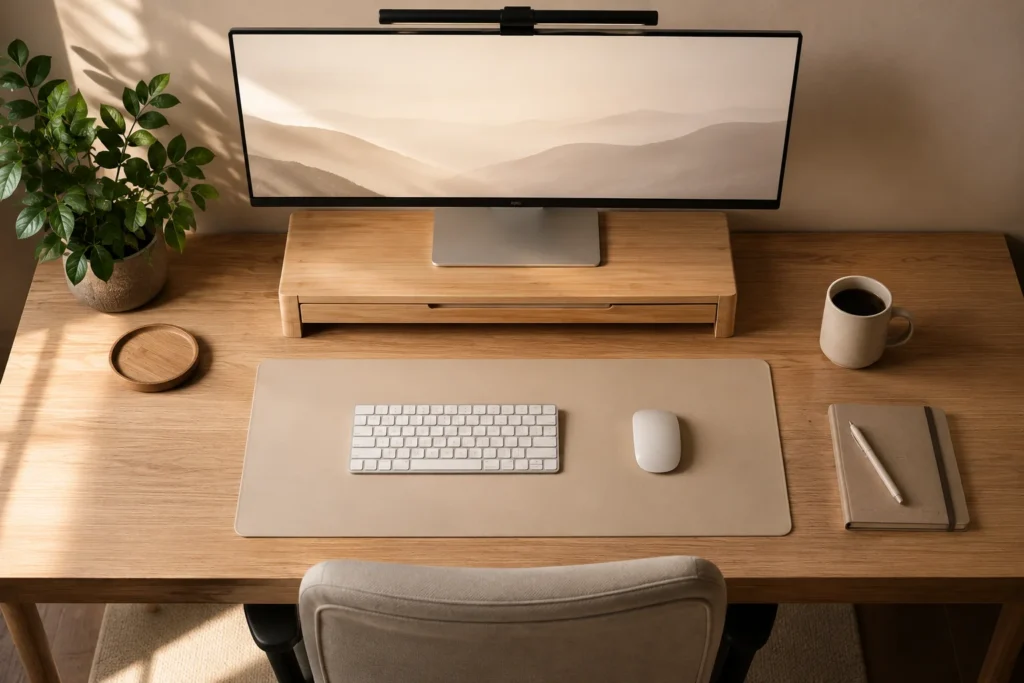 Japandi aesthetic desk setup 2026 with wooden desk, minimal decor and natural plant
