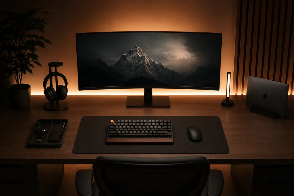 aesthetic desk setup 2026 with warm ambient LED bias lighting behind monitor