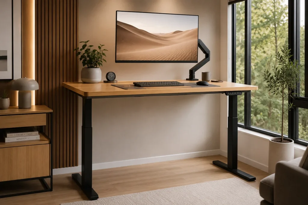 aesthetic standing desk setup 2026 with motorized bamboo desk and minimal decor
