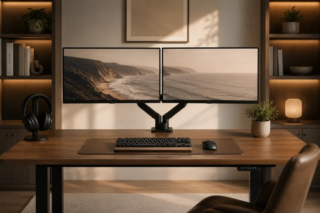 aesthetic dual monitor desk setup 2026 with VESA arm mount and matching screens