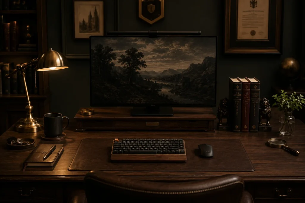 dark academia aesthetic desk setup 2026 with walnut desk, leather mat and vintage lamp