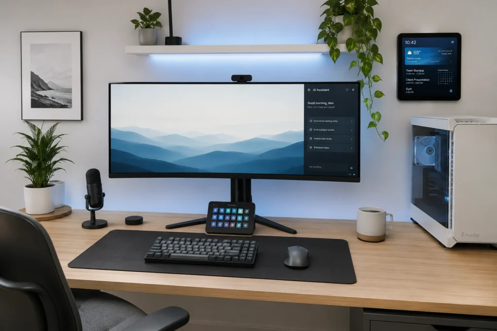AI smart aesthetic desk setup 2026 with Stream Deck ultrawide monitor and smart home devices