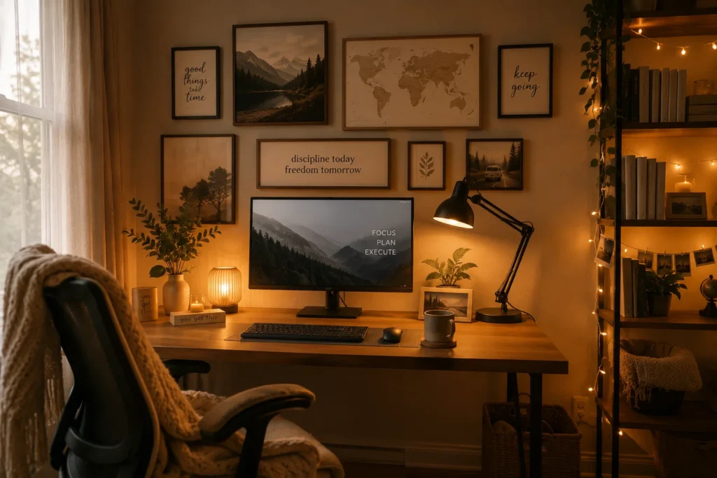 cozy aesthetic desk setup 2026 work from home with warm lighting and gallery wall