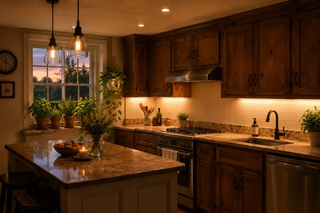 under cabinet lighting and pendant lights transforming older home kitchen with ugly original cabinets at night