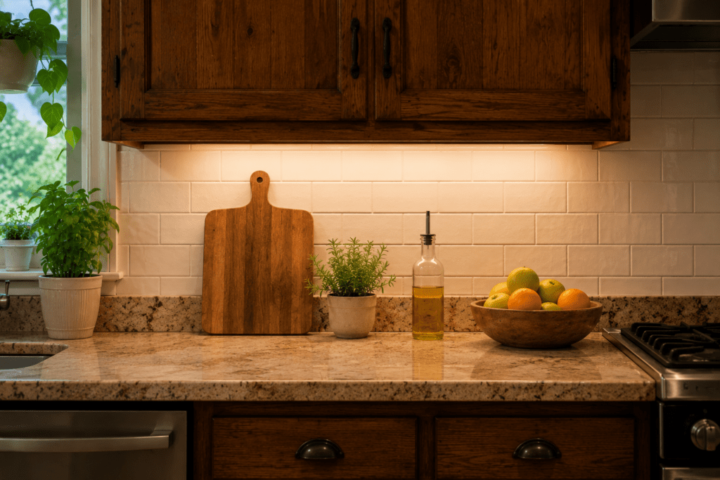decluttered and magazine-styled kitchen countertops in older home with ugly original cabinets