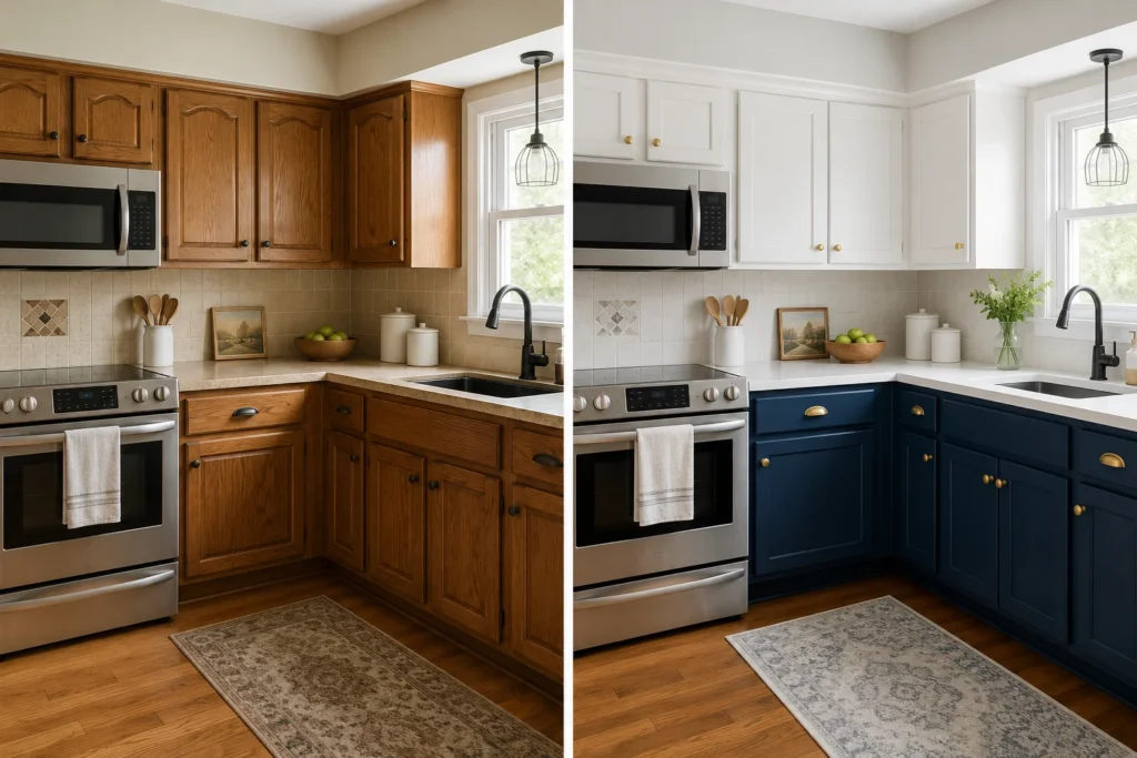 kitchen decor for older home with ugly original cabinets — painting cabinets navy blue transformation