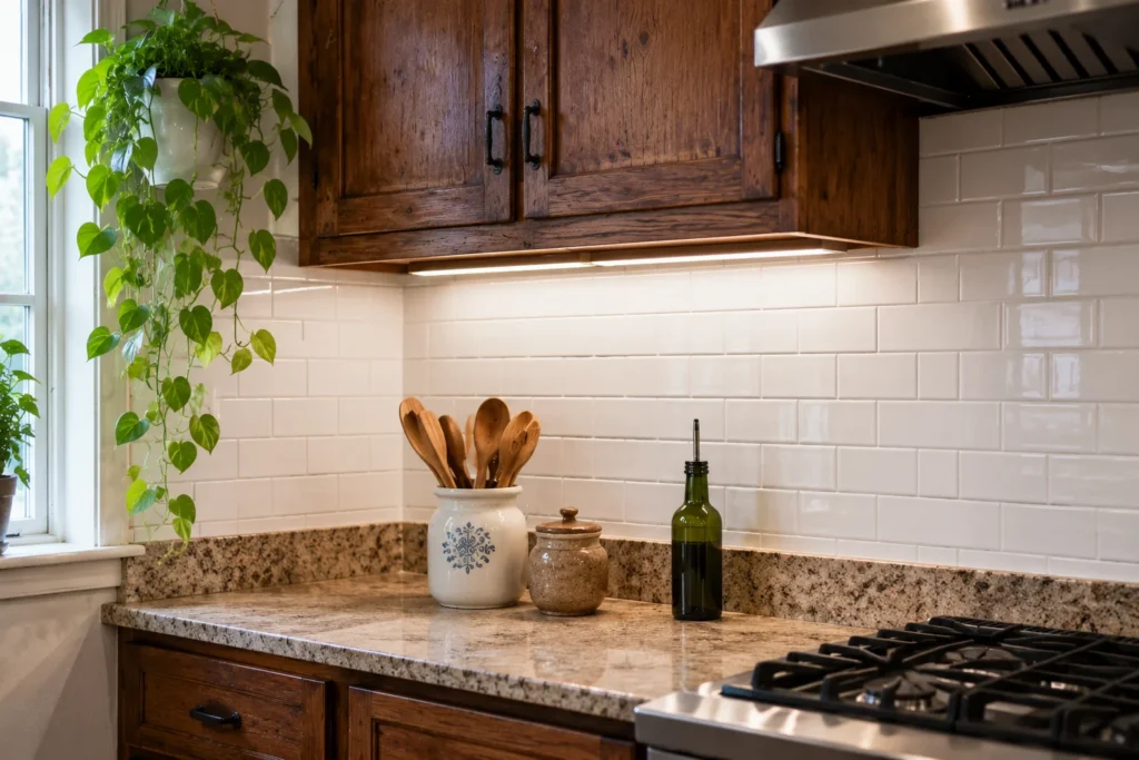 peel-and-stick removable tile backsplash in older home kitchen with ugly original cabinets
