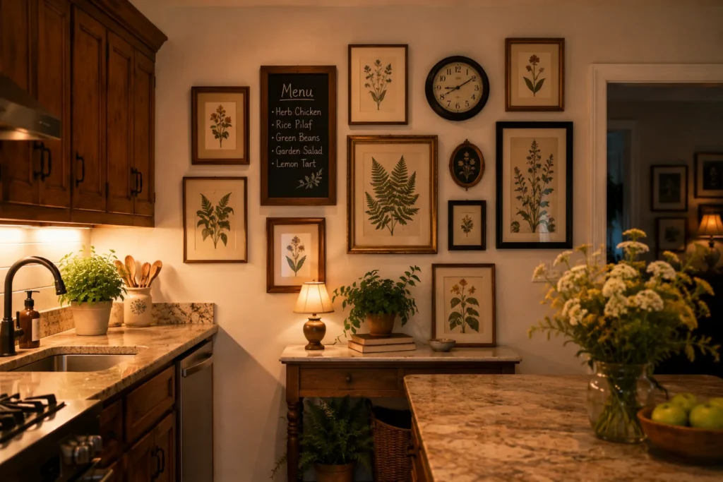 gallery wall display in older home kitchen as decor distraction from ugly original cabinets