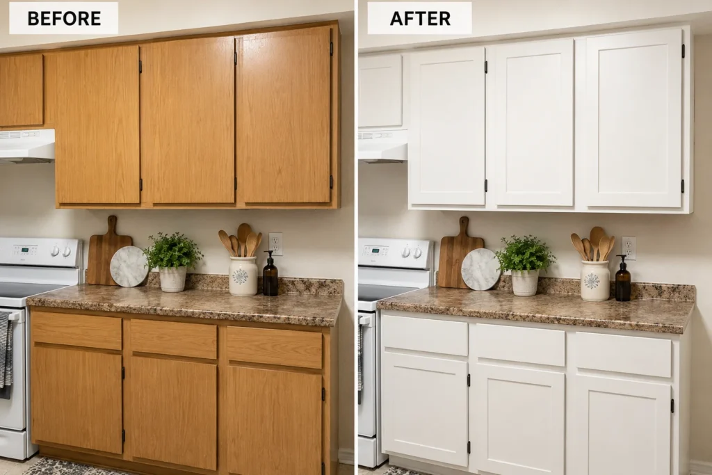 DIY faux shaker cabinet molding applied to ugly original cabinet doors in older home kitchen decor