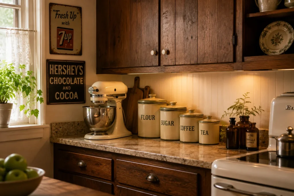 vintage retro kitchen decor intentionally styled around ugly original cabinets in older home