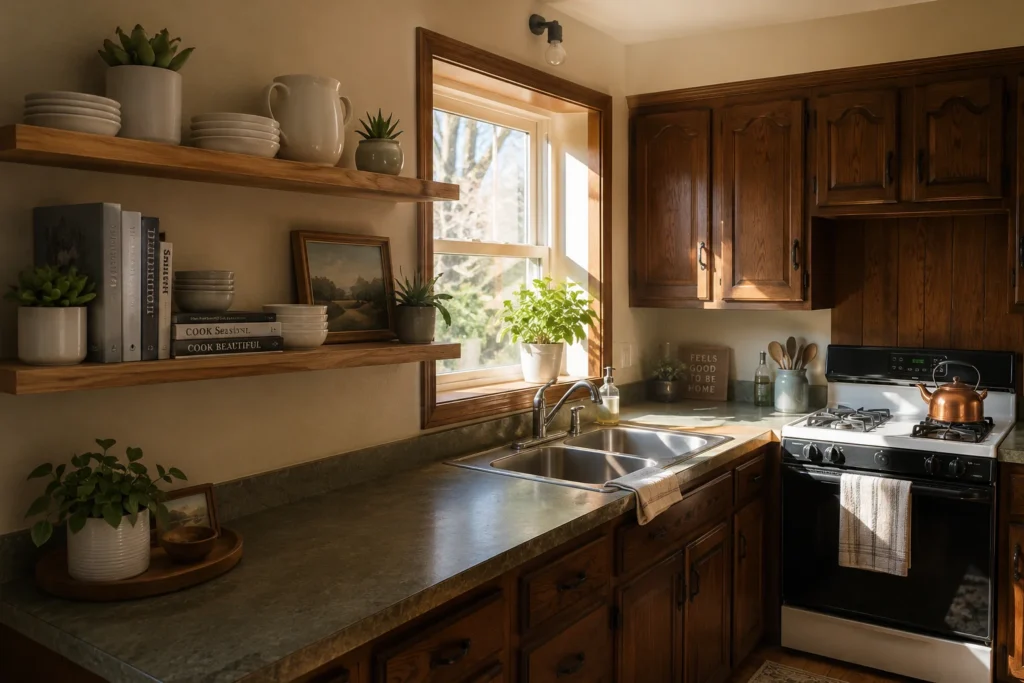 open shelving added to older home kitchen with ugly original cabinets