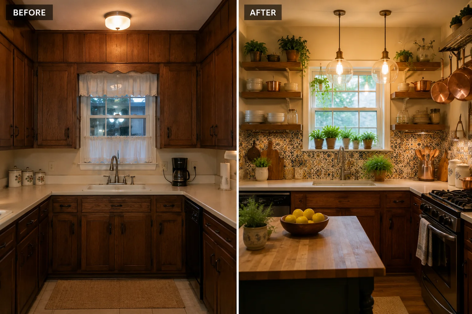 kitchen decor for older home with ugly original cabinets — before and after transformation